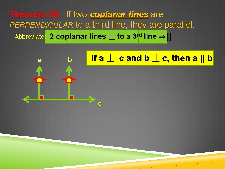 Theorem 36: If two coplanar lines are PERPENDICULAR to a third line, they are
