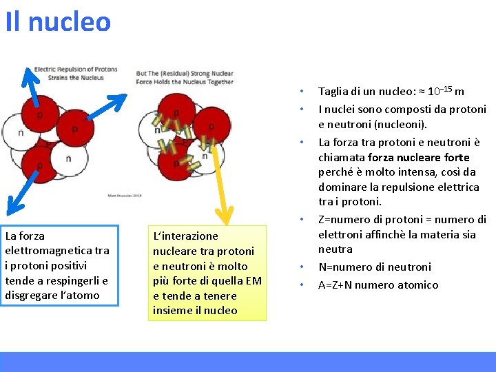 Il nucleo • • La forza elettromagnetica tra i protoni positivi tende a respingerli