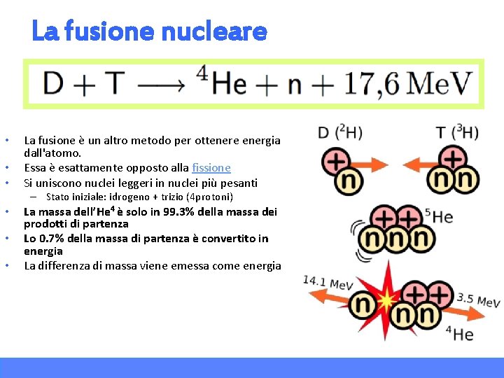 La fusione nucleare • • • La fusione è un altro metodo per ottenere