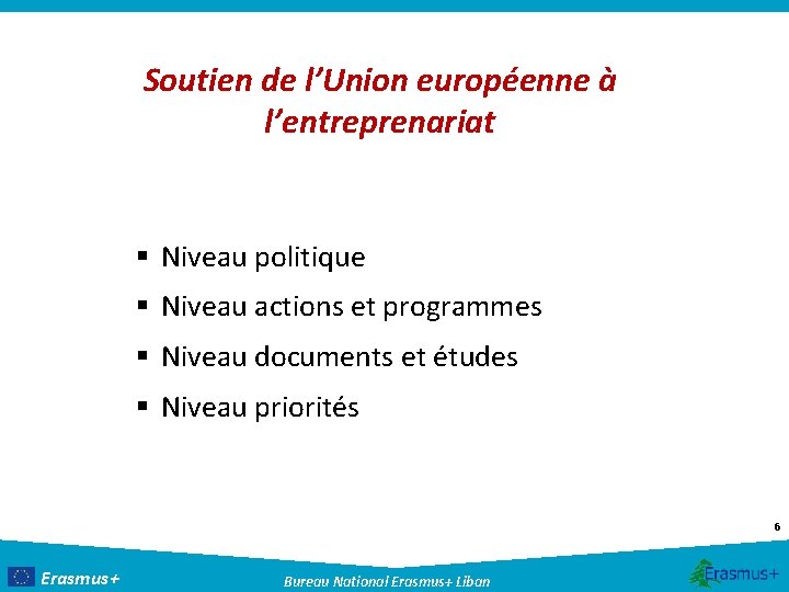 Soutien de l’Union européenne à l’entreprenariat § Niveau politique § Niveau actions et programmes