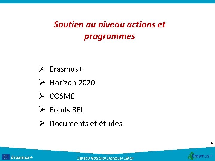 Soutien au niveau actions et programmes Ø Erasmus+ Ø Horizon 2020 Ø COSME Ø