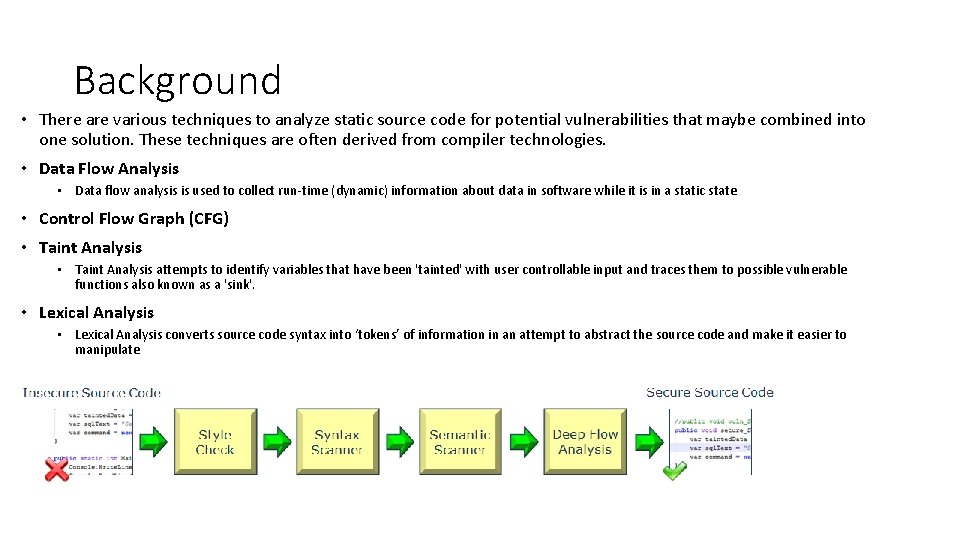 Background • There are various techniques to analyze static source code for potential vulnerabilities