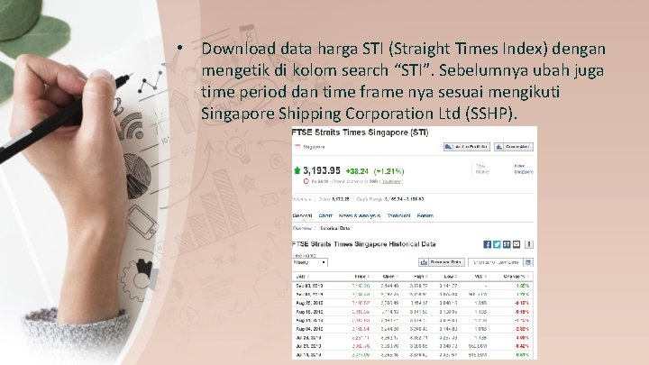  • Download data harga STI (Straight Times Index) dengan mengetik di kolom search