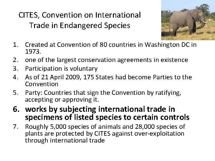 CITES, Convention on International Trade in Endangered Species 1. Created at Convention of 80 CITES, Convention on International Trade in Endangered Species 1. Created at Convention of 80