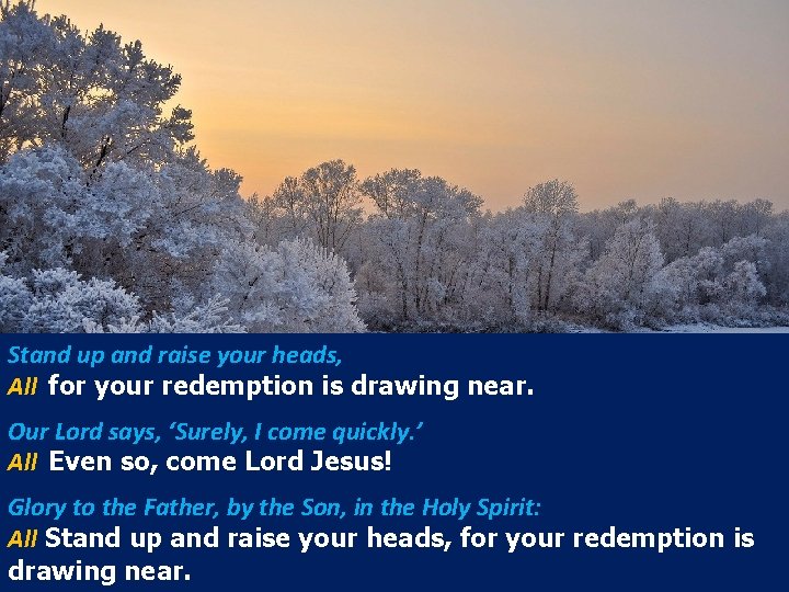 Stand up and raise your heads, All for your redemption is drawing near. Our