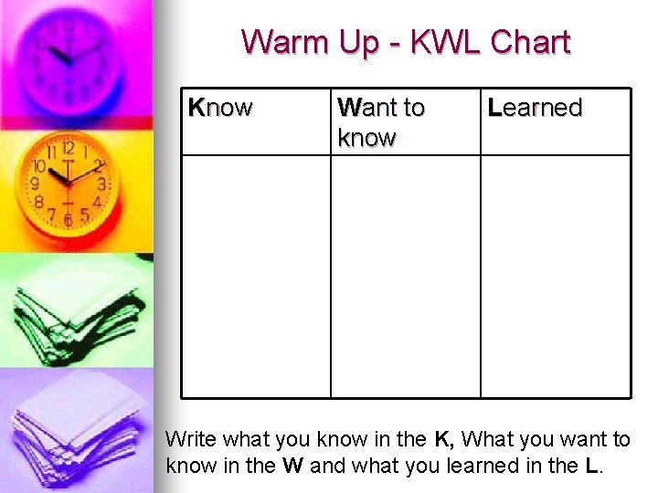Warm Up - KWL Chart Know Want to know Learned Write what you know