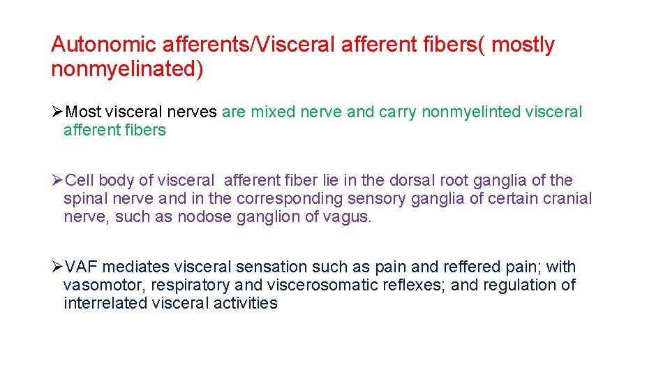 Autonomic afferents/Visceral afferent fibers( mostly nonmyelinated) ØMost visceral nerves are mixed nerve and carry