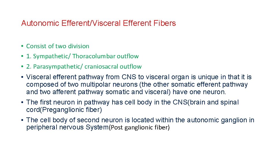 Autonomic Efferent/Visceral Efferent Fibers • • Consist of two division 1. Sympathetic/ Thoracolumbar outflow