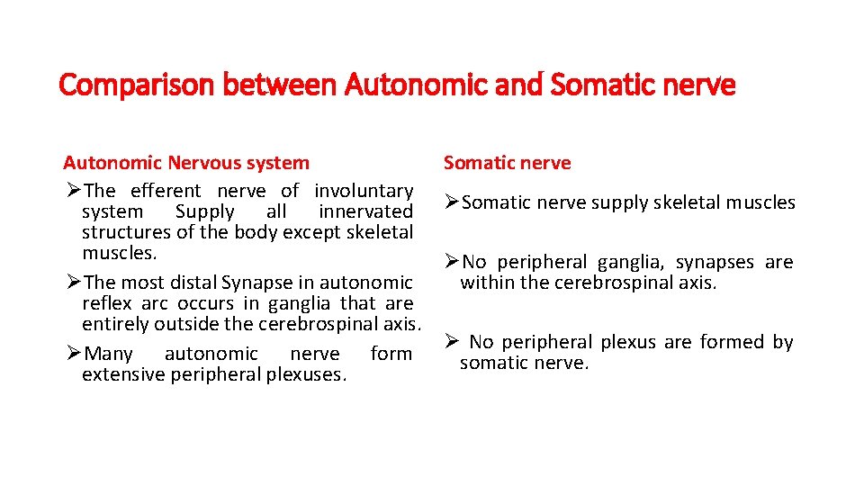 Comparison between Autonomic and Somatic nerve Autonomic Nervous system ØThe efferent nerve of involuntary
