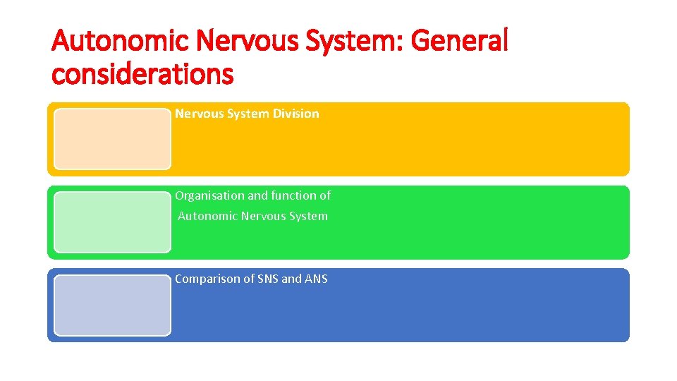 Autonomic Nervous System: General considerations Nervous System Division Organisation and function of Autonomic Nervous