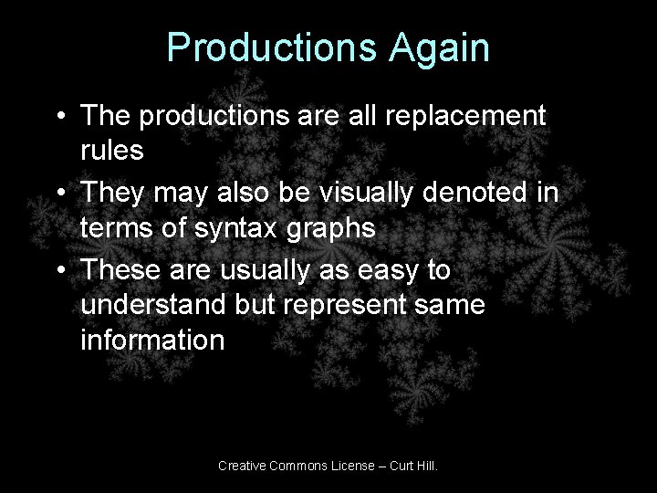 Productions Again • The productions are all replacement rules • They may also be