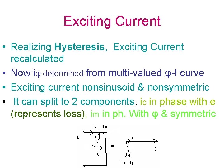 Exciting Current • Realizing Hysteresis, Exciting Current recalculated • Now iφ determined from multi-valued