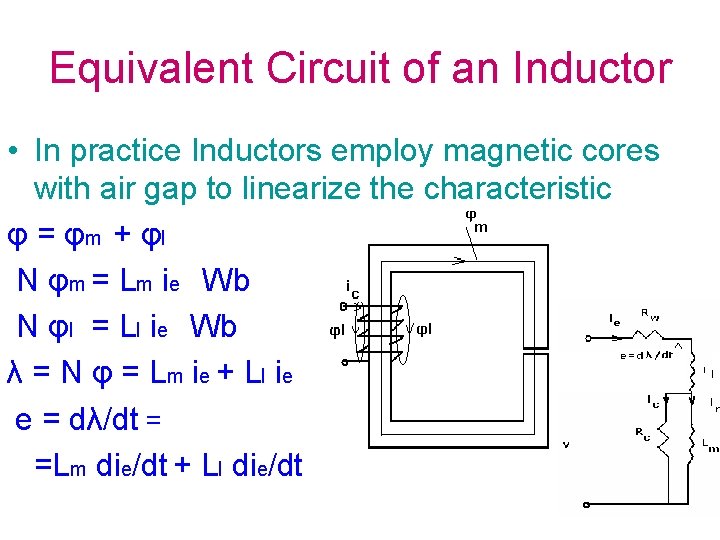 Equivalent Circuit of an Inductor • In practice Inductors employ magnetic cores with air