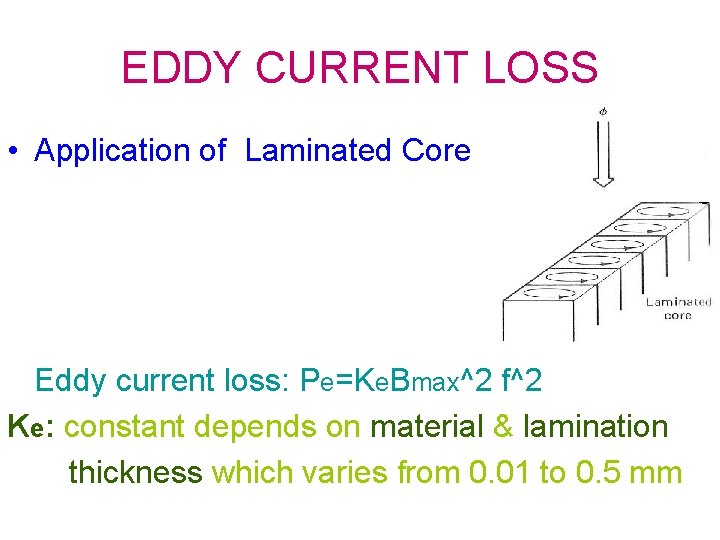 EDDY CURRENT LOSS • Application of Laminated Core Eddy current loss: Pe=Ke. Bmax^2 f^2