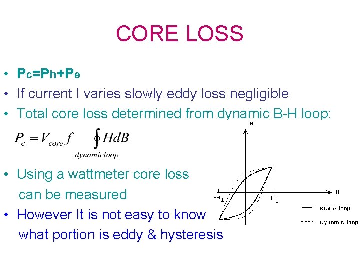 CORE LOSS • Pc=Ph+Pe • If current I varies slowly eddy loss negligible •