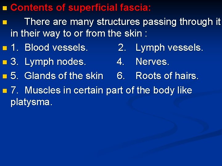 Contents of superficial fascia: n There are many structures passing through it in their