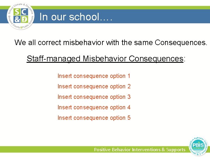In our school…. We all correct misbehavior with the same Consequences. Staff-managed Misbehavior Consequences: