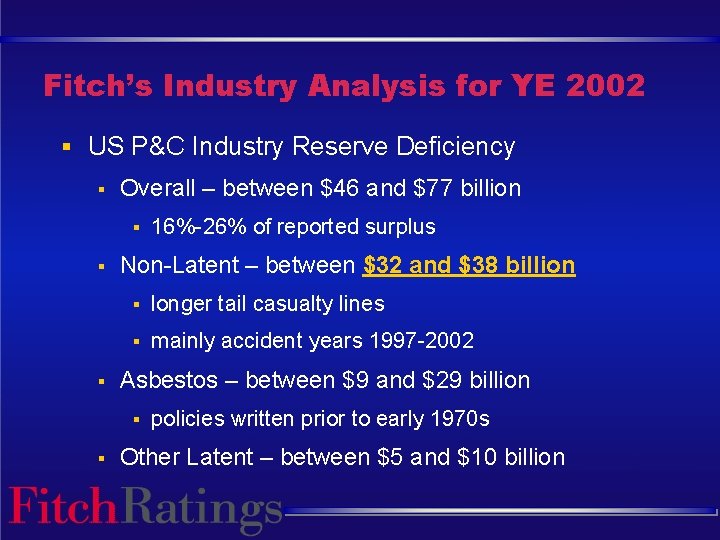 Fitch’s Industry Analysis for YE 2002 § US P&C Industry Reserve Deficiency § Overall