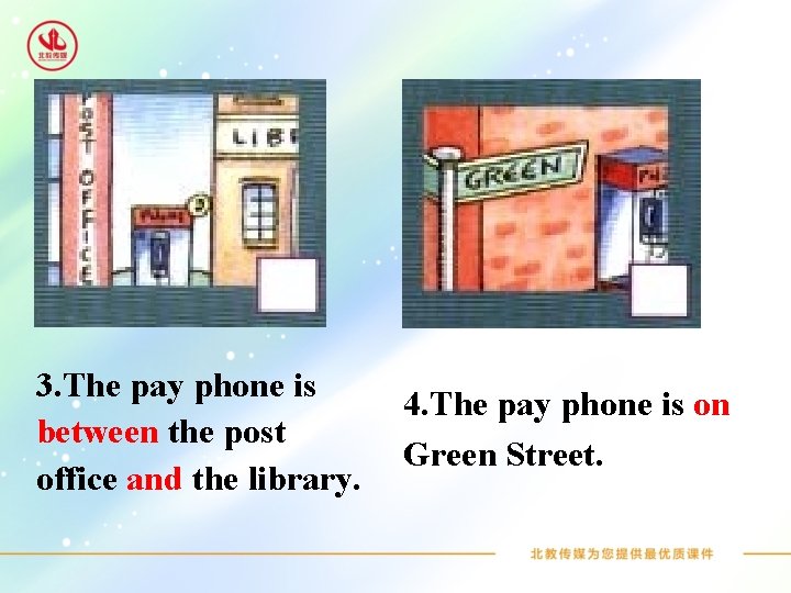 3. The pay phone is between the post office and the library. 4. The