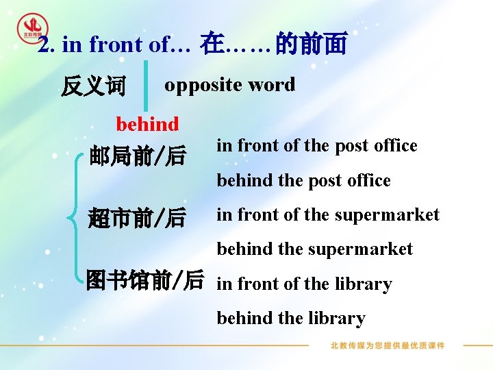 2. in front of… 在……的前面 反义词 opposite word behind 邮局前/后 in front of the