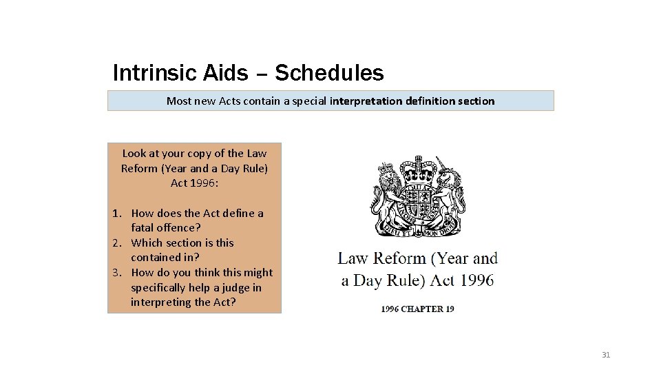 Intrinsic Aids – Schedules Most new Acts contain a special interpretation definition section Look