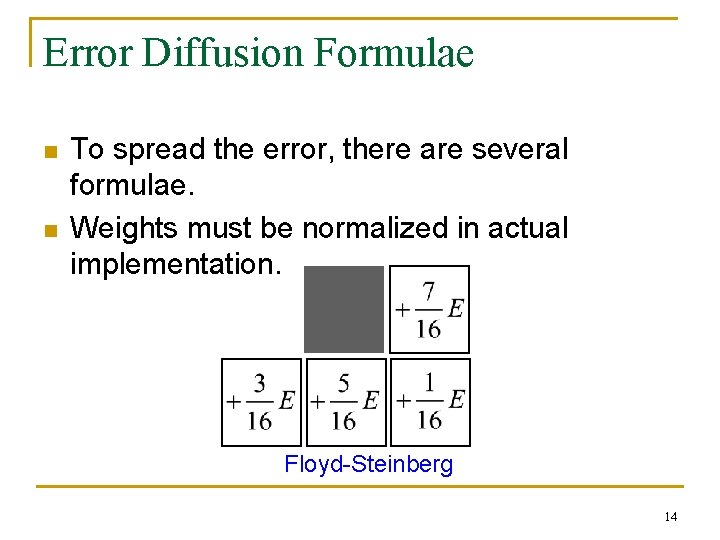 Error Diffusion Formulae n n To spread the error, there are several formulae. Weights