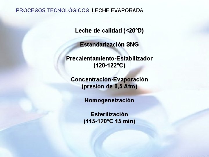 PROCESOS TECNOLÓGICOS: LECHE EVAPORADA Leche de calidad (<20°D) Estandarización SNG Precalentamiento-Estabilizador (120 -122°C) Concentración-Evaporación