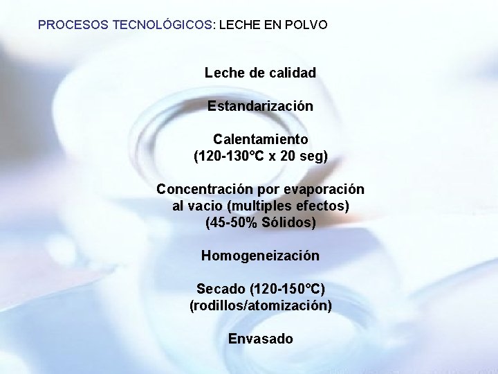 PROCESOS TECNOLÓGICOS: LECHE EN POLVO Leche de calidad Estandarización Calentamiento (120 -130°C x 20