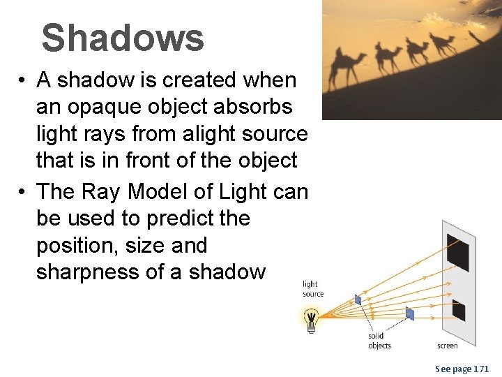 Shadows • A shadow is created when an opaque object absorbs light rays from