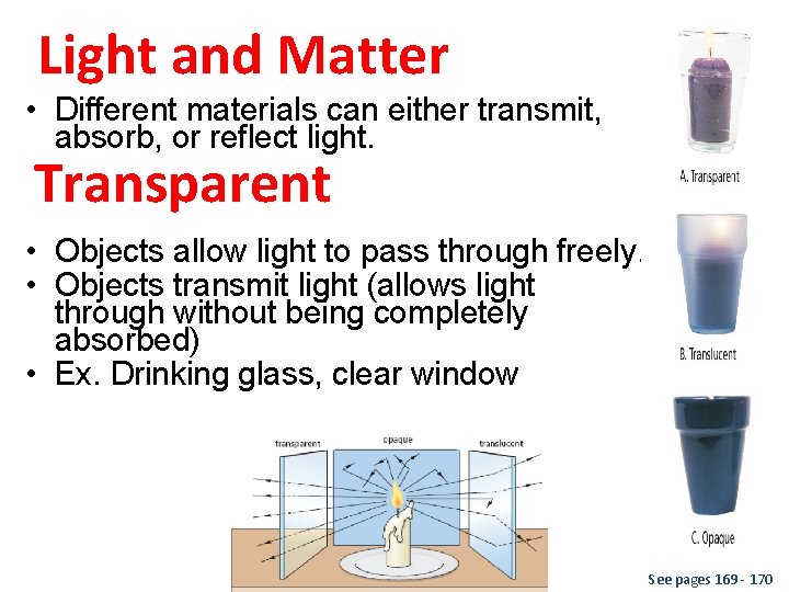 Light and Matter • Different materials can either transmit, absorb, or reflect light. Transparent