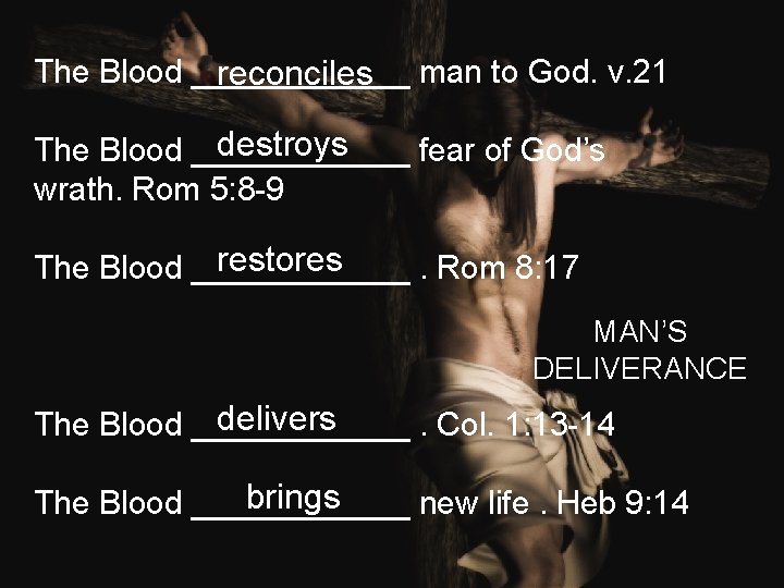 The Blood ______ reconciles man to God. v. 21 destroys The Blood ______ fear