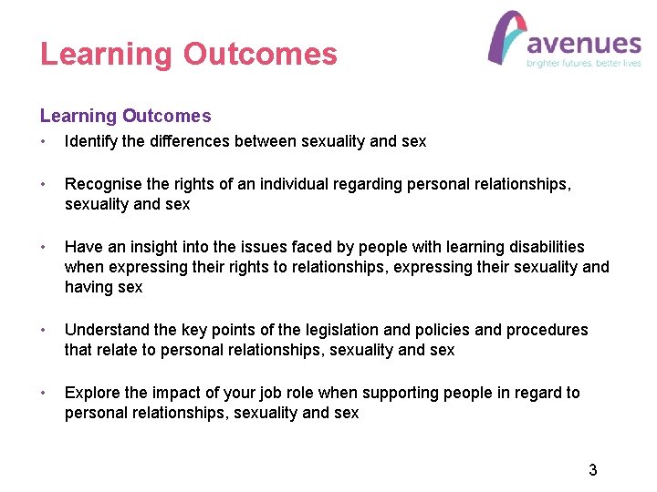 Learning Outcomes • Identify the differences between sexuality and sex • Recognise the rights