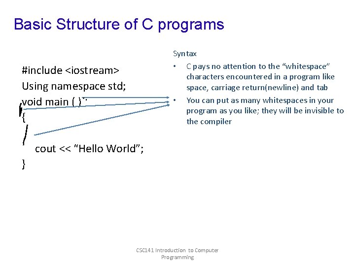 Basic Structure of C programs Syntax • C pays no attention to the “whitespace” Basic Structure of C programs Syntax • C pays no attention to the “whitespace”