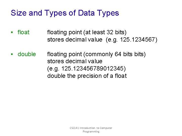 Size and Types of Data Types • floating point (at least 32 bits) stores Size and Types of Data Types • floating point (at least 32 bits) stores