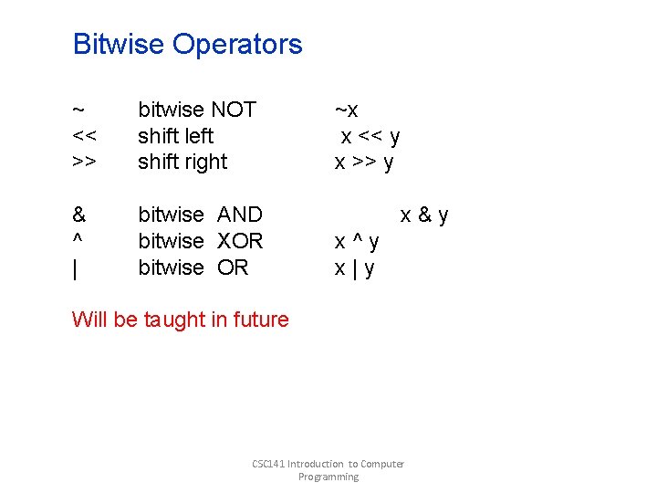 Bitwise Operators ~ << >> bitwise NOT shift left shift right & ^ | Bitwise Operators ~ << >> bitwise NOT shift left shift right & ^ |