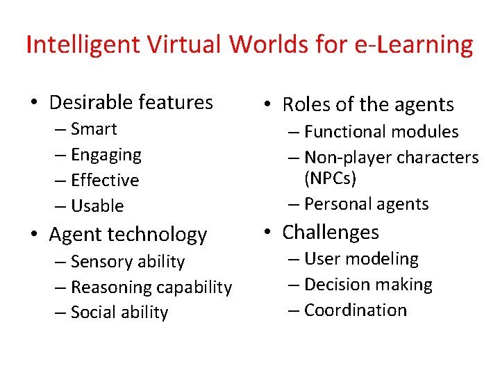 Intelligent Virtual Worlds for e-Learning • Desirable features – Smart – Engaging – Effective