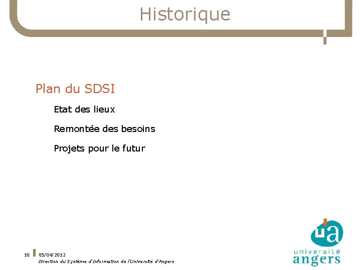 Historique Plan du SDSI Etat des lieux Remontée des besoins Projets pour le futur
