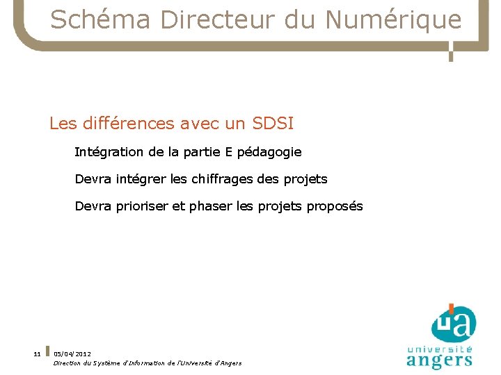 Schéma Directeur du Numérique Les différences avec un SDSI Intégration de la partie E
