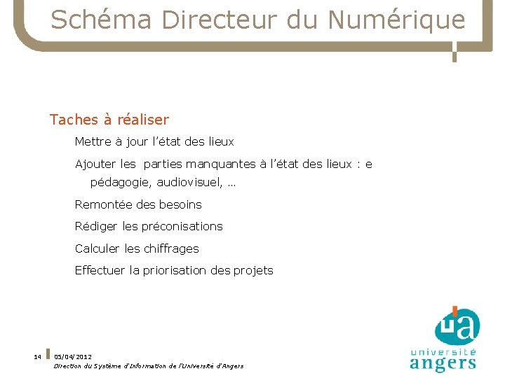 Schéma Directeur du Numérique Taches à réaliser Mettre à jour l’état des lieux Ajouter