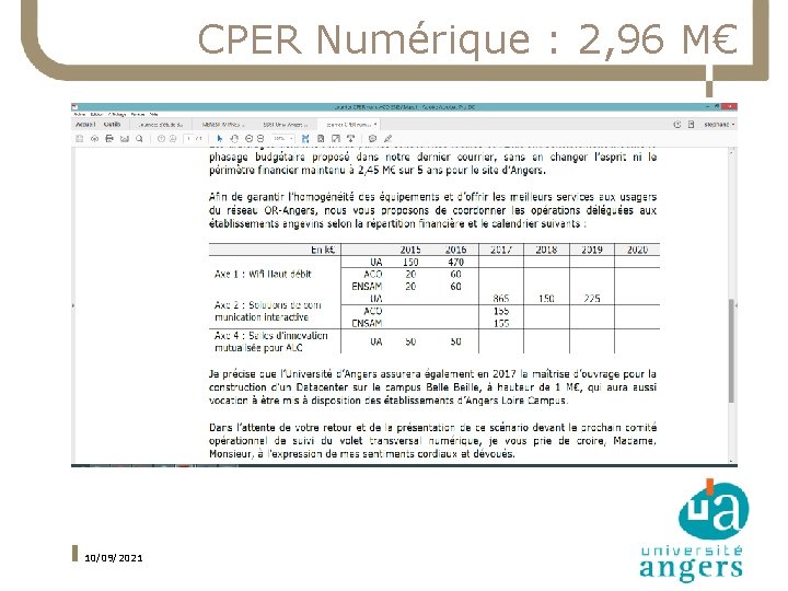 CPER Numérique : 2, 96 M€ 10/09/2021 