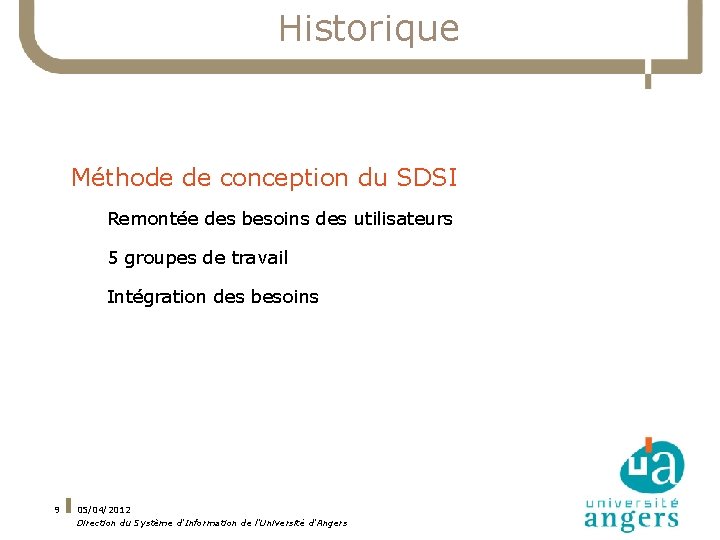 Historique Méthode de conception du SDSI Remontée des besoins des utilisateurs 5 groupes de
