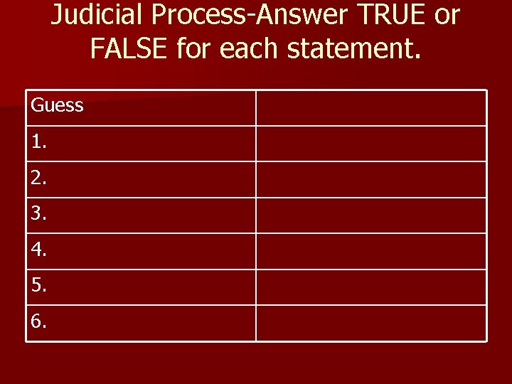 Judicial Process-Answer TRUE or FALSE for each statement. Guess 1. 2. 3. 4. 5. Judicial Process-Answer TRUE or FALSE for each statement. Guess 1. 2. 3. 4. 5.