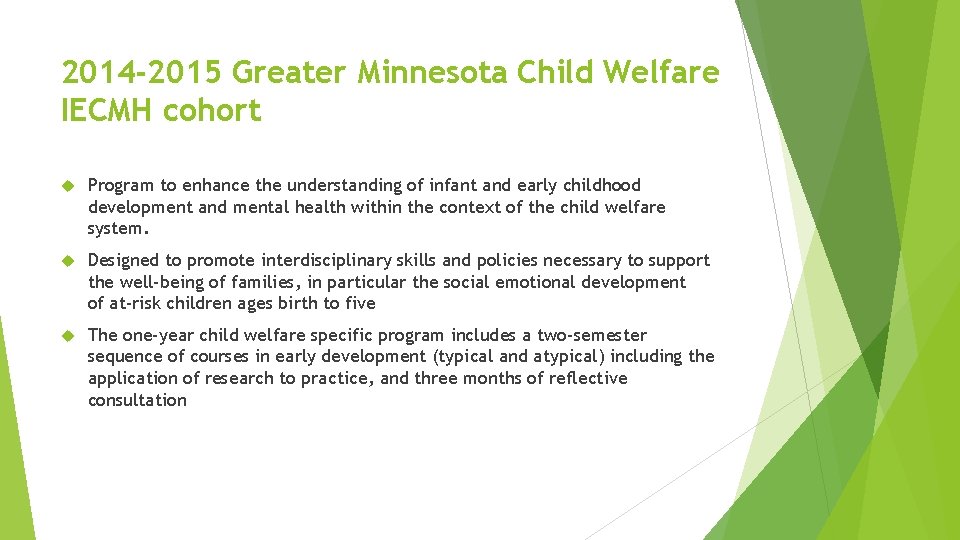 2014 -2015 Greater Minnesota Child Welfare IECMH cohort Program to enhance the understanding of