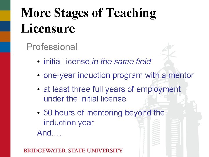 More Stages of Teaching Licensure Professional • initial license in the same field • More Stages of Teaching Licensure Professional • initial license in the same field •