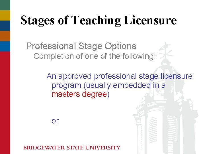Stages of Teaching Licensure Professional Stage Options Completion of one of the following: An Stages of Teaching Licensure Professional Stage Options Completion of one of the following: An