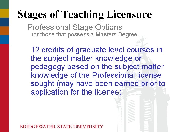 Stages of Teaching Licensure Professional Stage Options for those that possess a Masters Degree…. Stages of Teaching Licensure Professional Stage Options for those that possess a Masters Degree….