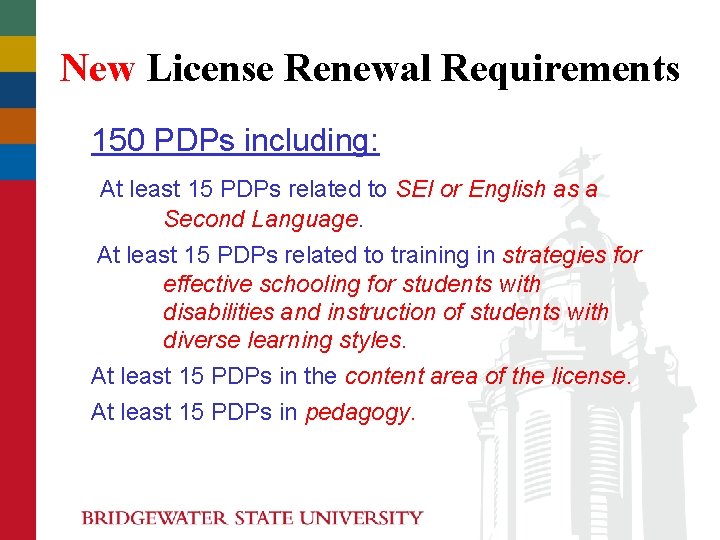 New License Renewal Requirements 150 PDPs including: At least 15 PDPs related to SEI New License Renewal Requirements 150 PDPs including: At least 15 PDPs related to SEI
