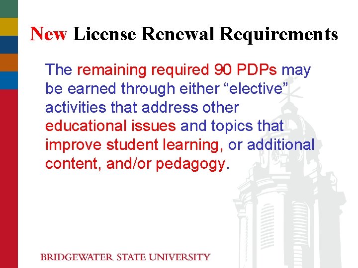 New License Renewal Requirements The remaining required 90 PDPs may be earned through either New License Renewal Requirements The remaining required 90 PDPs may be earned through either