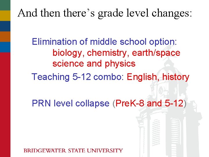And then there’s grade level changes: Elimination of middle school option: biology, chemistry, earth/space And then there’s grade level changes: Elimination of middle school option: biology, chemistry, earth/space