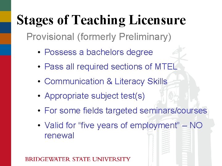 Stages of Teaching Licensure Provisional (formerly Preliminary) • Possess a bachelors degree • Pass Stages of Teaching Licensure Provisional (formerly Preliminary) • Possess a bachelors degree • Pass